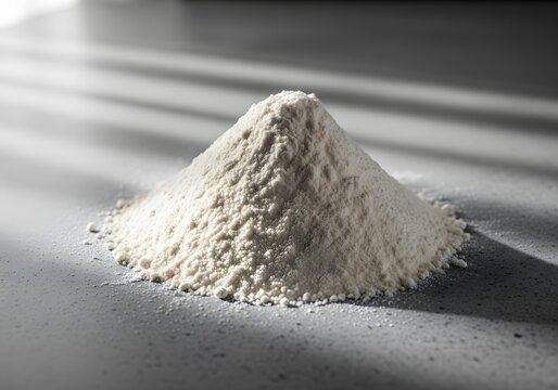 A finely milled organic baking ingredient, powdered and fluffy, is artfully presented on a textured surface under dramatic, diffused light creating intriguing parallel shadows and a sense