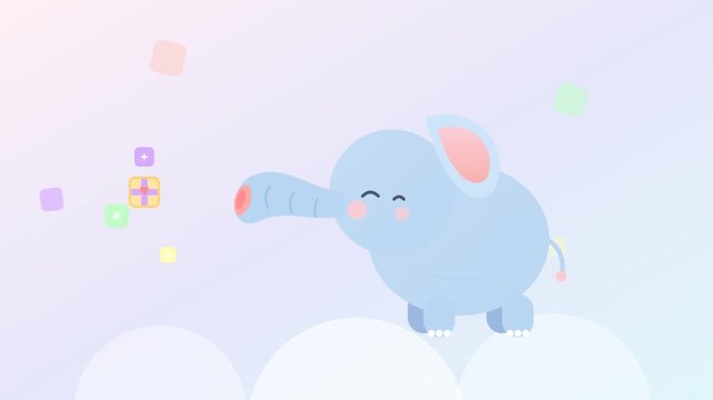 Happy cartoon elephant bouncing on soft white clouds with confetti