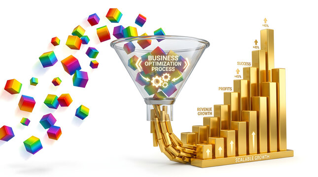 Funnel process of business optimization with colorful cubes input and golden bars output symbolizing growth.