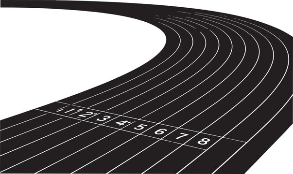 Black running track with lanes and white numbers for athletics sports competition at a stadium on a curved field path