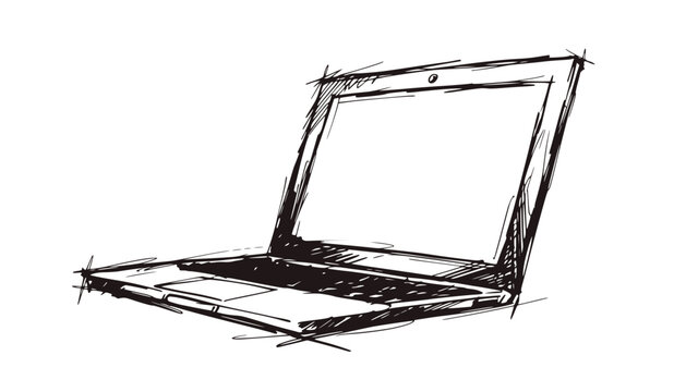 Hand-drawn sketch of an open laptop computer with blank screen on white background
