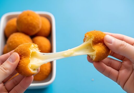 Hands deliberately stretch gooey strings of molten, golden-brown cheese from a delicious fried appetizer, showcasing the irresistible, stretchy texture of melted mozzarella amidst a vibrant blue