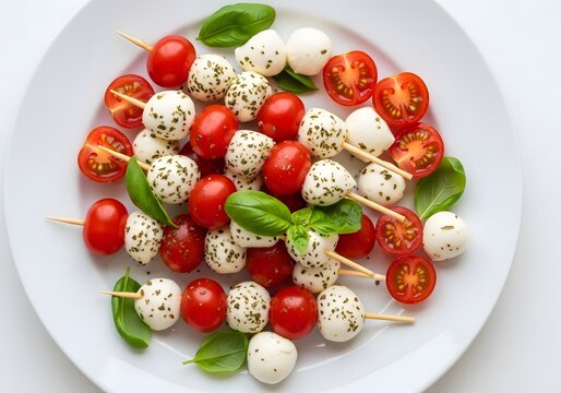 Fresh cherry tomatoes and creamy mozzarella balls are artfully arranged on skewers with vibrant green basil leaves, seasoned with herbs, creating a delightful edible arrangement perfect