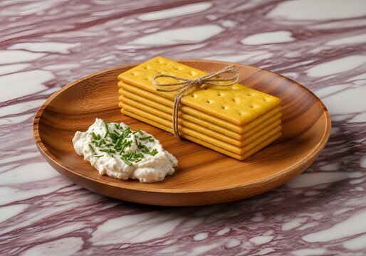 A stack of golden savory crackers, expertly tied with natural twine, rests upon a smooth wooden platter alongside a dollop of creamy herb-infused spread, presenting a delicious culinary scene