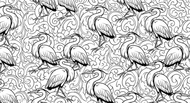 Intricate repeating pelican pattern in monochrome illustration style.