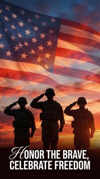 American veterans saluting flag, patriotic silhouette, Honor the Brave Celebrate Freedom