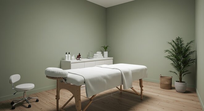 A serene spa room with a massage table, chair, and plants creates a relaxing environment for therapy and wellness treatments indoors.