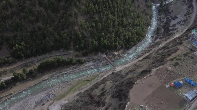 Drone shot of mountain river in chitkul india