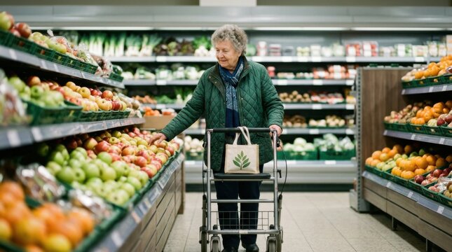 Realistic commercial photo of an older adult with a walker carrying a small ecofriendly tote bag in a clean bright produce aisle with softly blurred shelves and muted tones