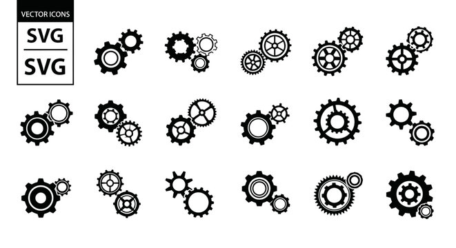 Collection of black gear icons.