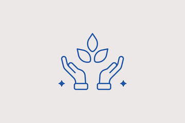 Fototapeta premium Two open hands with leaves line icon for organic farming for eco product branding. Professional vector illustration for natural cosmetic retail, wellness platform apps, or bio farming.