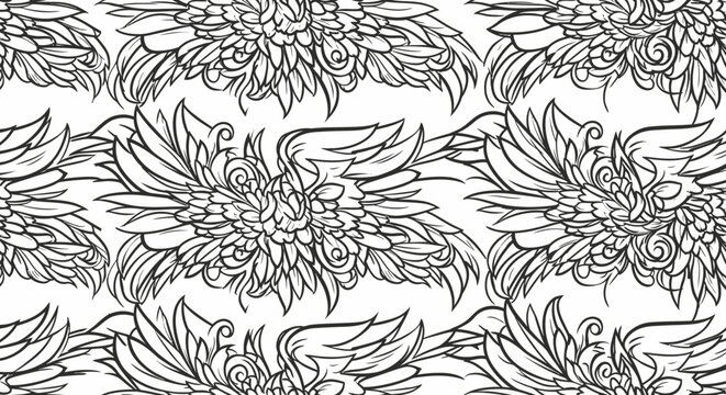 Detailed Ornamental Phoenix Bird Line Art Illustration Pattern.