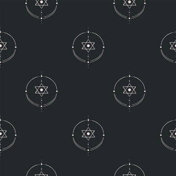 Mystical geometric seamless pattern with esoteric line art symbols on dark background. Sacred geometry vector background for fabric or wallpaper.