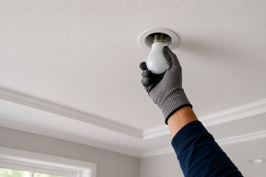Electrician installing LED light bulb into ceiling socket at home