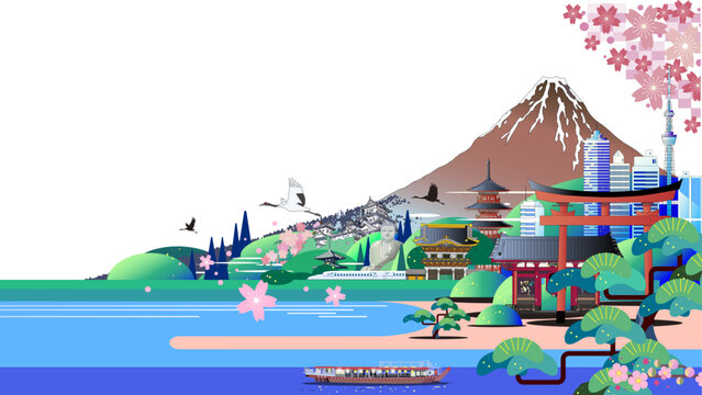富士山と桜、日本の名所や伝統的なランドマークを表現した日本の観光・旅行ベクターイラスト（コピースペース付き）