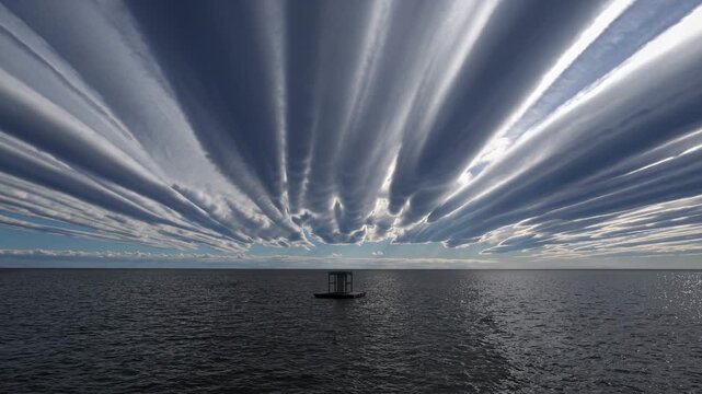 Striking cloud formations stretch across the sky above calm waters, with a small platform visible in the foreground, creating a dramatic natural scene at sunset