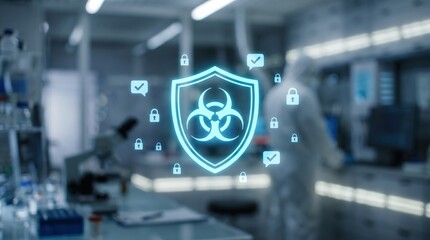 Fototapeta premium Biohazard Cyber Defense Concept: Glowing Neon Blue Shield and Security Icons Over Blurred Pharmaceutical Cleanroom