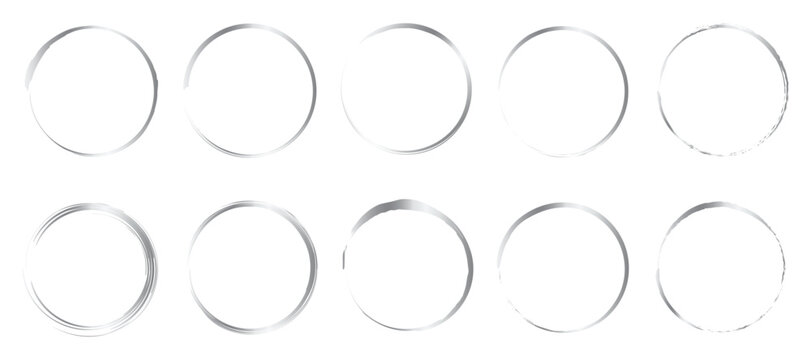 Set of ten silver brush circle frames on transparent background set