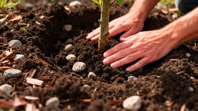 Close up of gardener hands planting young tree sapling into fertile soil for reforestation sustainable landscaping and environmental care advertisement
