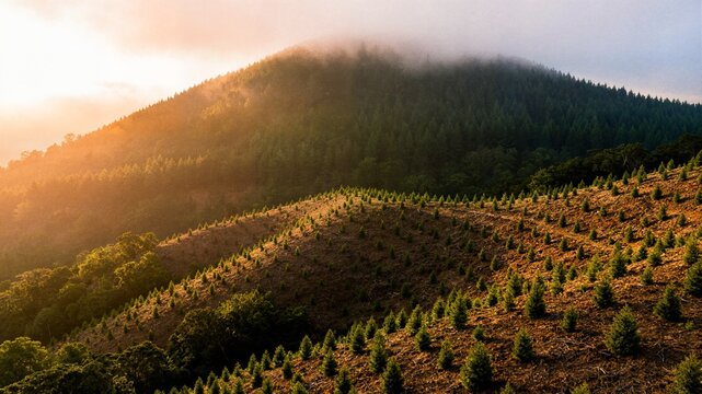 Aerial view of young tree saplings planted on hillside at sunrise ideal for reforestation climate change and sustainability concept