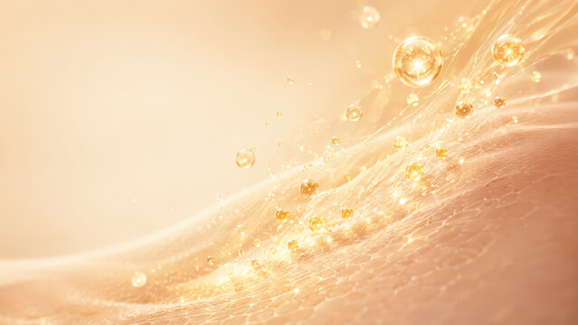 golden skincare particles floating over textured skin with soft radiant light