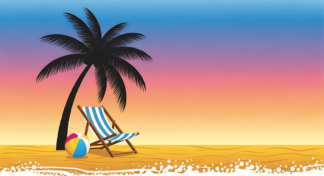 Pixel art palm tree and beach chair on sandy beach