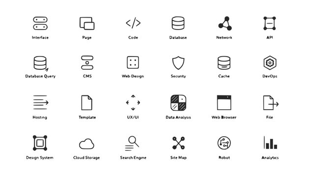 Set of Hand-Drawn Vector Icons for Web Development and Technology