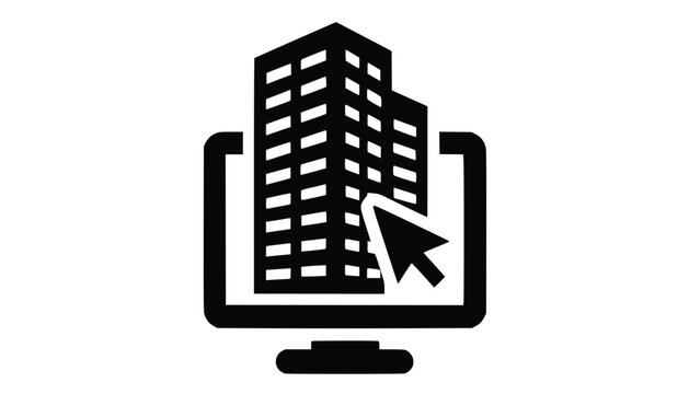Online real estate search icon: building on computer screen with cursor