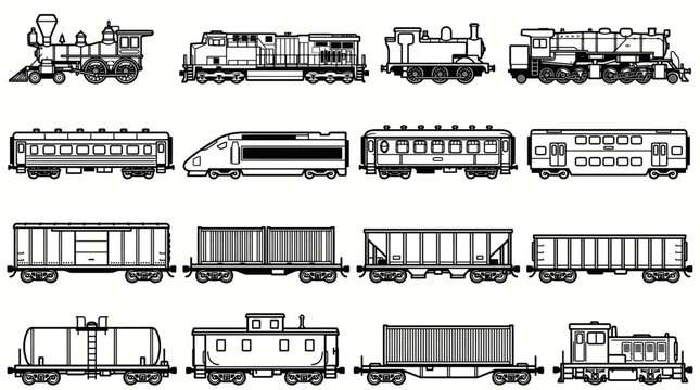 Train silhouette vector set featuring twenty designs including steam engines, diesel locomotives, high‑speed trains, freight cars, passenger cars, railway illustration inspiration