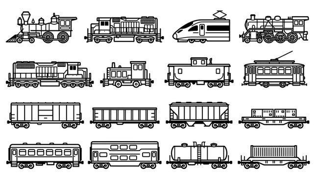 Train silhouette vector set featuring twenty designs including steam engines, diesel locomotives, high‑speed trains, freight cars, passenger cars, railway illustration inspiration