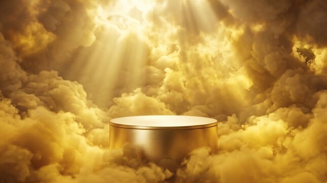 Golden pedestal platform surrounded by heavenly clouds and sunbeams