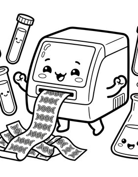 Cute PCR machine robot mascot copying DNA strands, biotechnology science cartoon outline illustration for kids coloring book.