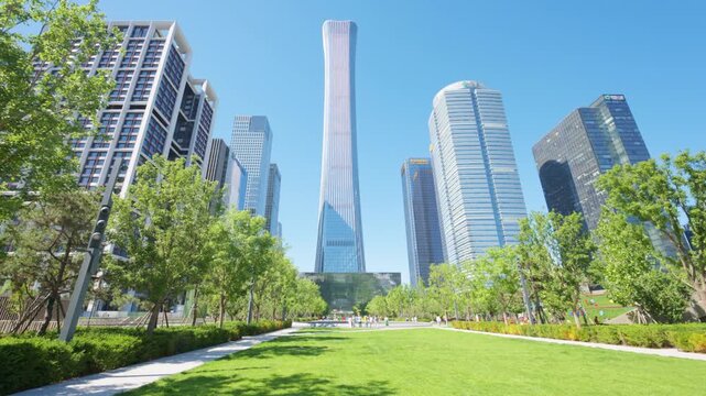 Urban Oasis: Majestic CITIC Tower and Beijing CBD Skyline Overlooking Central Park Greenery