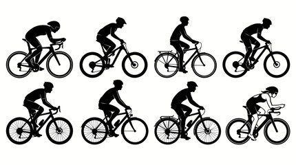 Fototapeta premium Cyclist silhouette vector set featuring eight diverse riding postures with road, mountain, and commuter bike styles, athletic motion, sports illustration inspiration