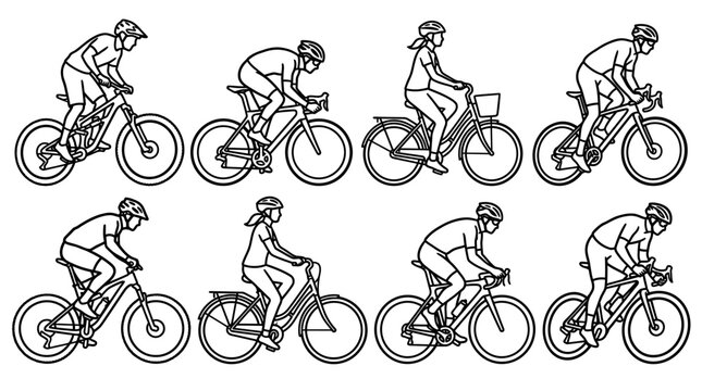 Cyclist silhouette vector set featuring eight unique riding poses with varied bicycle styles, athletic postures, dynamic motion, sports illustration inspiration
