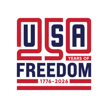 USA 250 years logo with creative typography concept to celebrate Independence Day on 4th July. Perfect for America 250th Anniversary greeting card, banner, poster, template, t-shirt, stickers, badges 