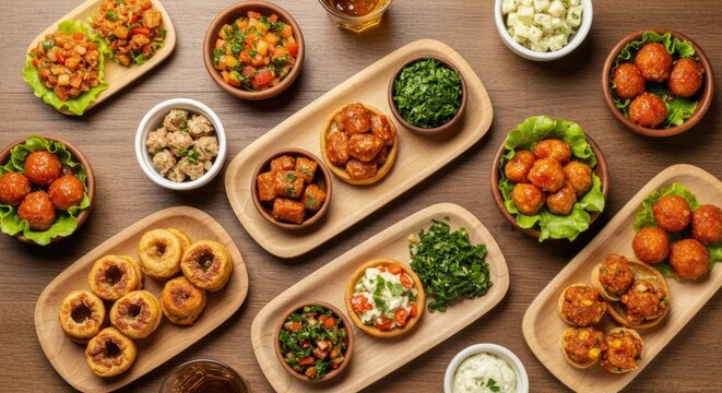 Variety of food items arranged on wooden plates and bowls on a table.