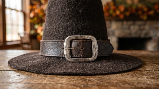 Close-up of a Traditional Pilgrim Hat with a Silver Buckle on a Rustic Wooden Table for Mayflower Day and Thanksgiving Celebration