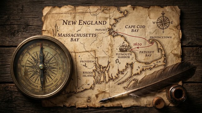 Antique parchment map of New England coast with brass nautical compass and quill pen for Mayflower Day celebration of early American maritime exploration.