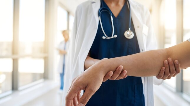 A medical professional examining a patient in a bright hospital setting.