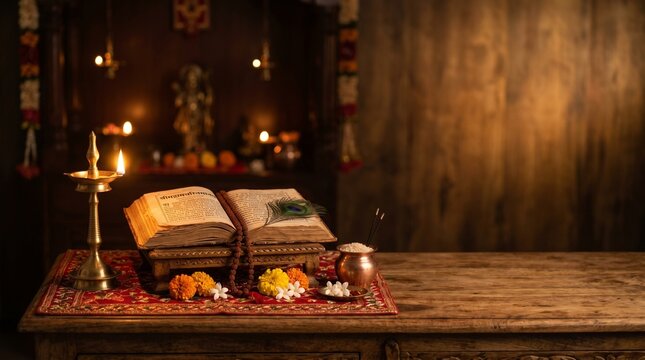 Tulsidas Jayanti devotional wallpaper featuring a glowing oil lamp and sacred scriptures with a warm spiritual ambiance for traditional Hindu celebration