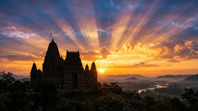 Spiritual Kalki Jayanti Celebration Background with Ancient Temple Silhouette against a Radiant Sunrise Sky and Majestic Divine Light Beams