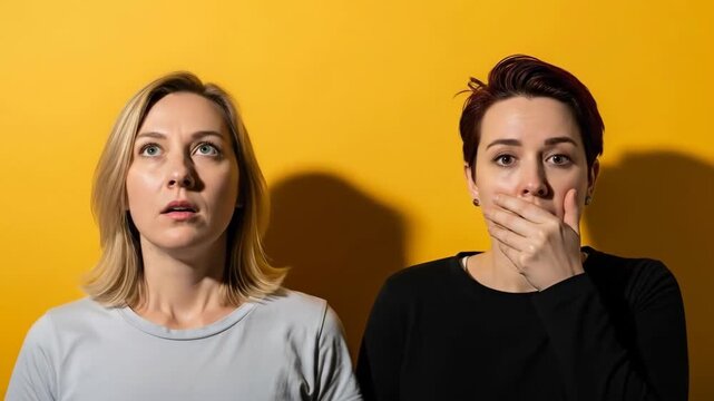 Two women expressing shock and surprise against a vibrant yellow background