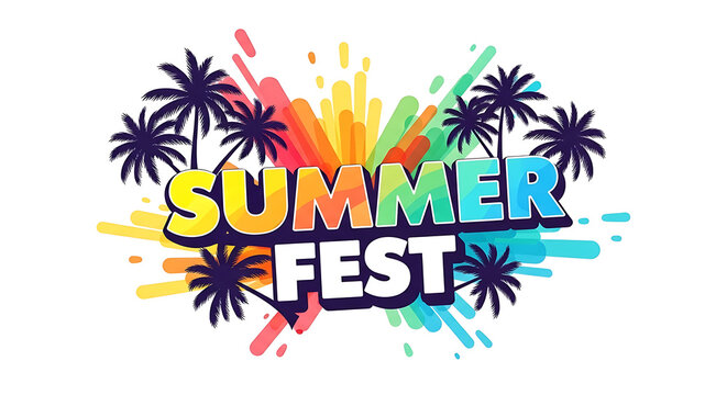 Summer fest colorful explosion text with palm trees