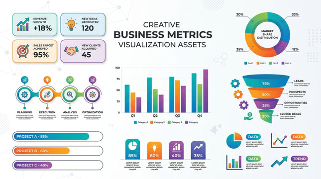 Business Metrics Visualization Dashboard with Colorful Infographic Charts and Analytics Icons