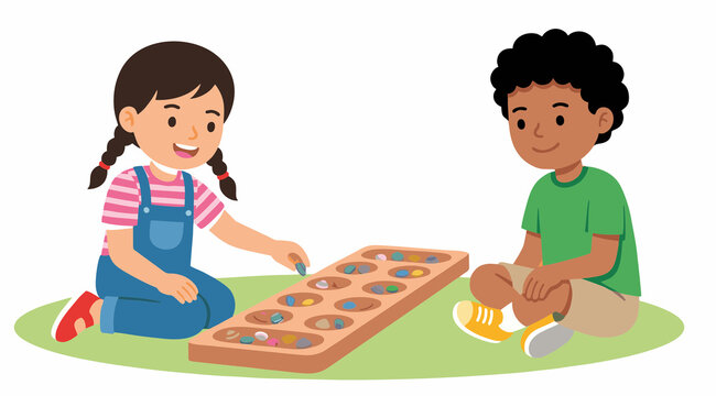 Children Playing Traditional Mancala Congklak Board Game Vector Illustration