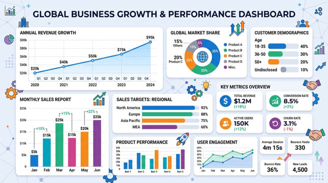 Business Growth and Performance Dashboard with Global Data Analytics and Financial Charts