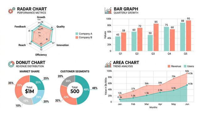 Collection of diverse data visualization charts including radar, bar, donut, and area graphs on white background