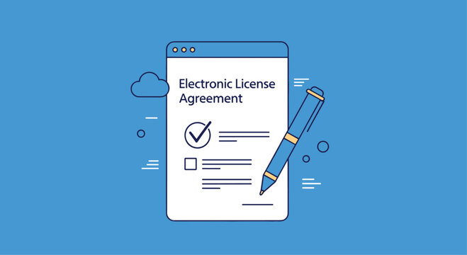 Electronic license agreement document appears on a computer screen with a checkmark and a blue pen ready for digital signature.