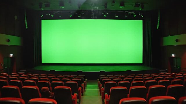 Empty cinema hall theater with big green screen mock up chroma key
